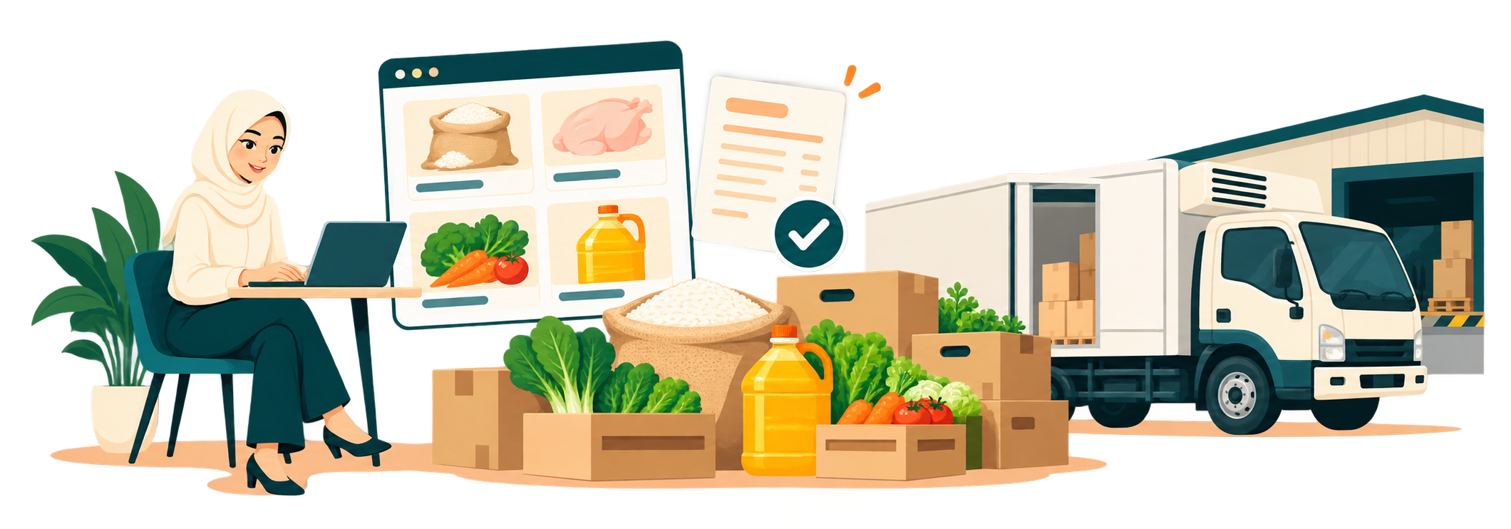 Buyer browsing products online, quotation approved, and groceries delivered by truck